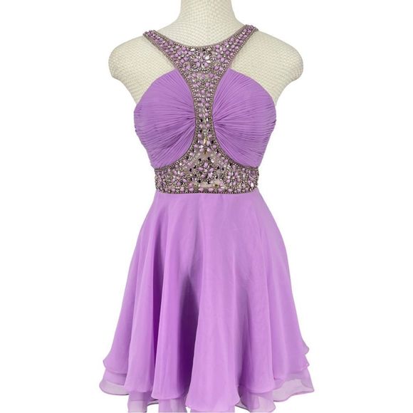 Custom Purple Beaded Halter Cocktail Dress - Picture 2 of 11
